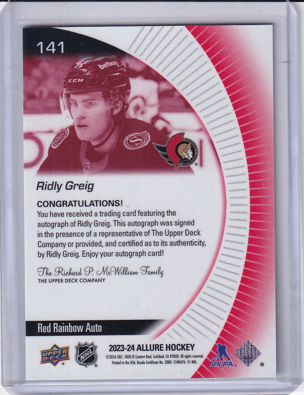 2023-24 Allure RIDLY GREIG Red Rainbow Auto Rookie Card #117 Ottawa Senators RC