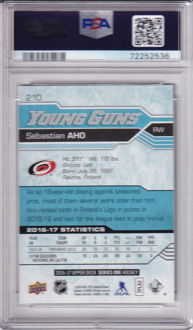 SEBASTIAN AHO 2016-17 Upper Deck UD Young Guns Rookie Card #210 PSA 10 Carolina Hurricanes RC