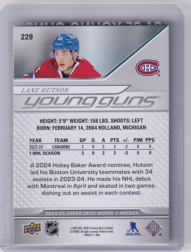 LANE HUTSON 2024-25 Upper Deck UD Young Guns Rookie Card #229 Montreal Canadiens RC