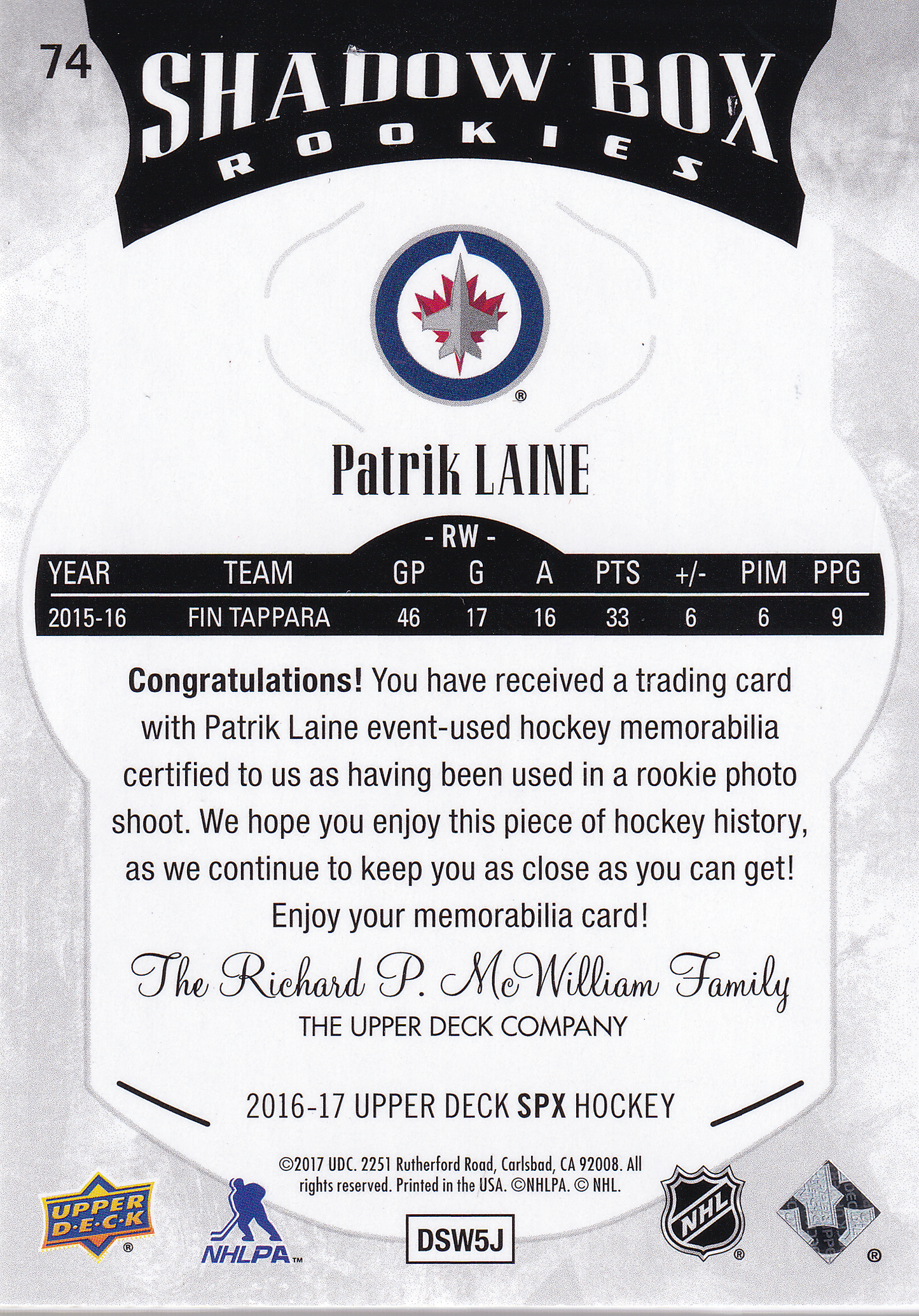 2016-17 SPX PATRIK LAINE Shadow Box Rookies Jersey 121/149 Winnipeg Jets #74 RC