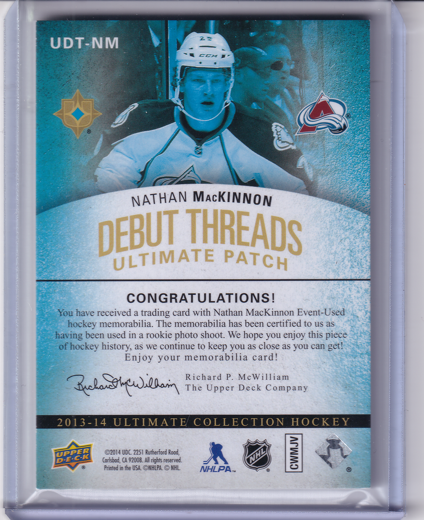 NATHAN MACKINNON 2013-14 UD Ultimate Collection Debut Threads Patch card 100/100 Colorado Avalanche Rookie #UDT-NM RC