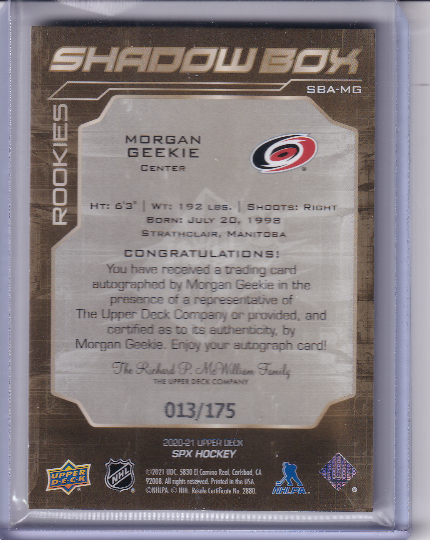 MORGAN GEEKIE 2020-21 SPX Shadow Box Auto Rookies 013/175 Carolina Hurricanes