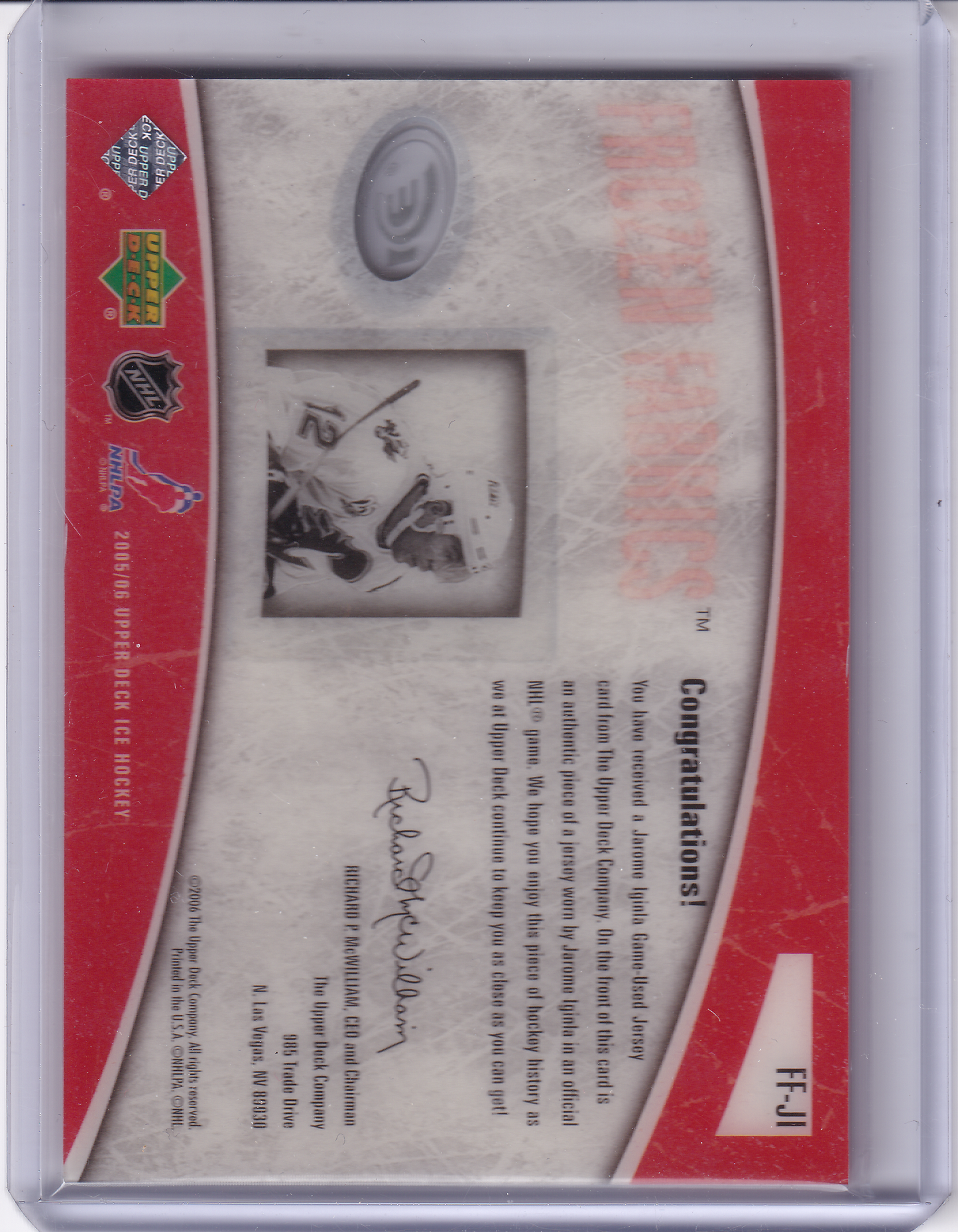 JAROME IGINLA 2005-06 UD Ice Frozen Fabrics Jersey card 042/100 #FF-JI Calgary Flames