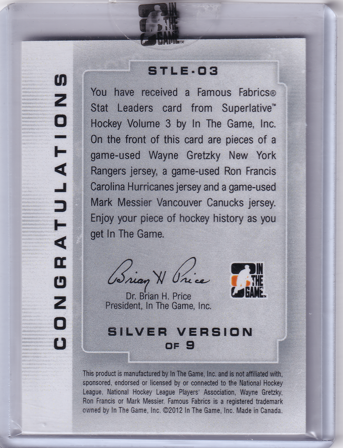 Wayne Gretzky / Mark Messier / Ron Francis 2012-13 ITG THE VAULT 1/1 In The Game Superlative Famous Fabrics Stat Leaders jersey Cards - Regular Season Assists STLE-03