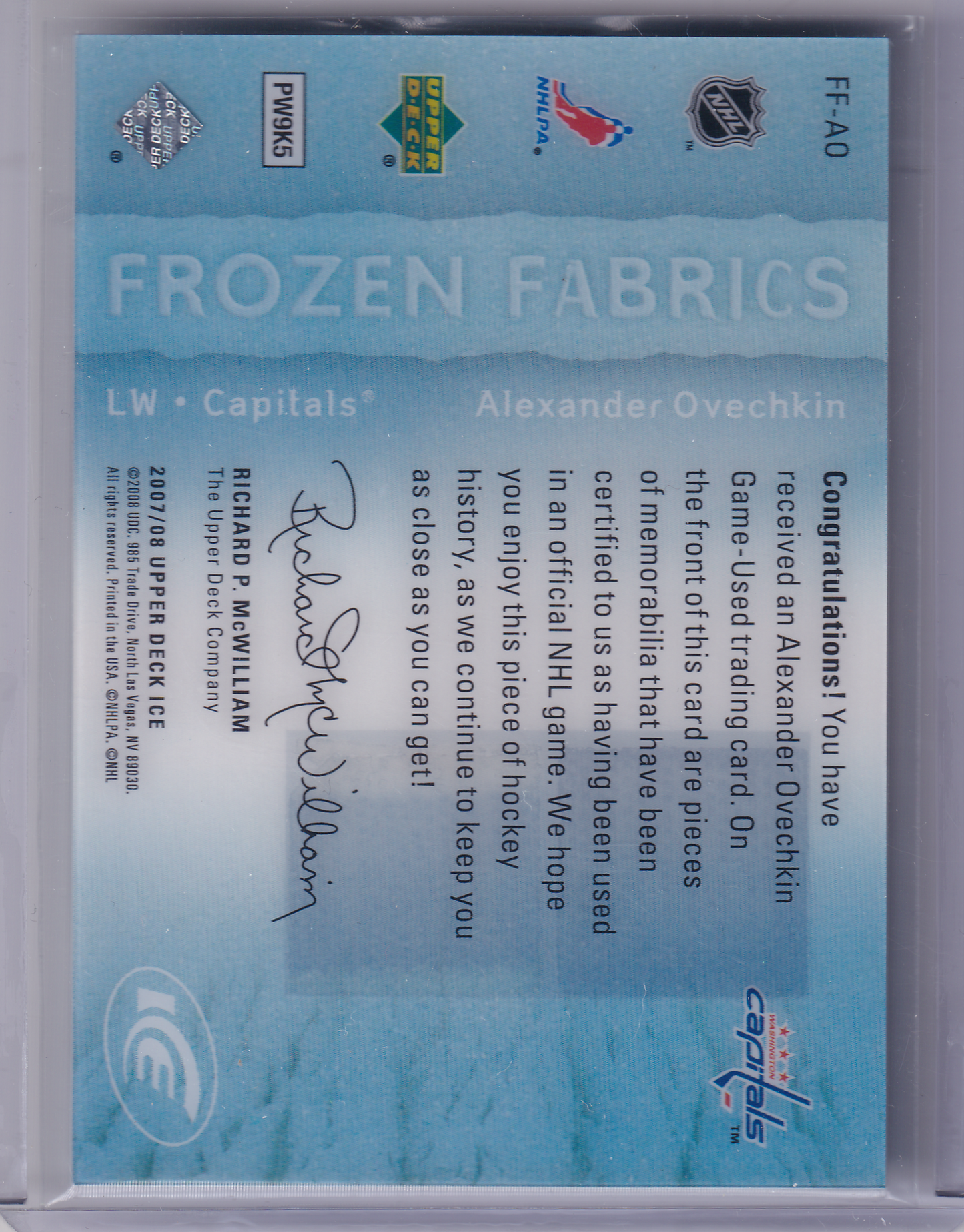 ALEXANDER OVECHKIN 2007-08 UD Ice Frozen Fabrics 029/100 Jersey Card #FF-AO Washington Capitals