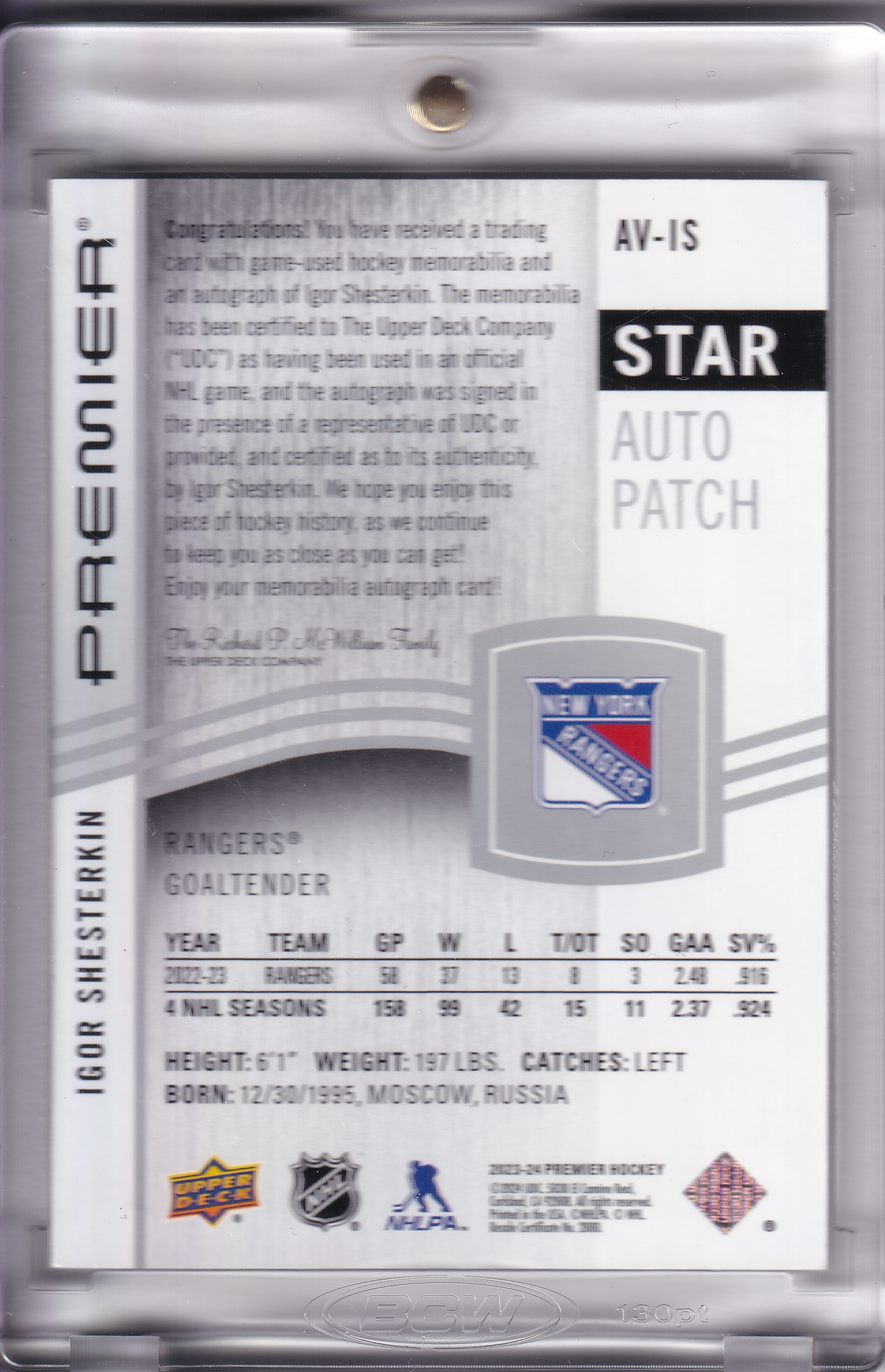 IGOR SHESTERKIN 2023-24 UD Premier STAR Acetate Auto Patch 23/35 New York Rangers AV-IS