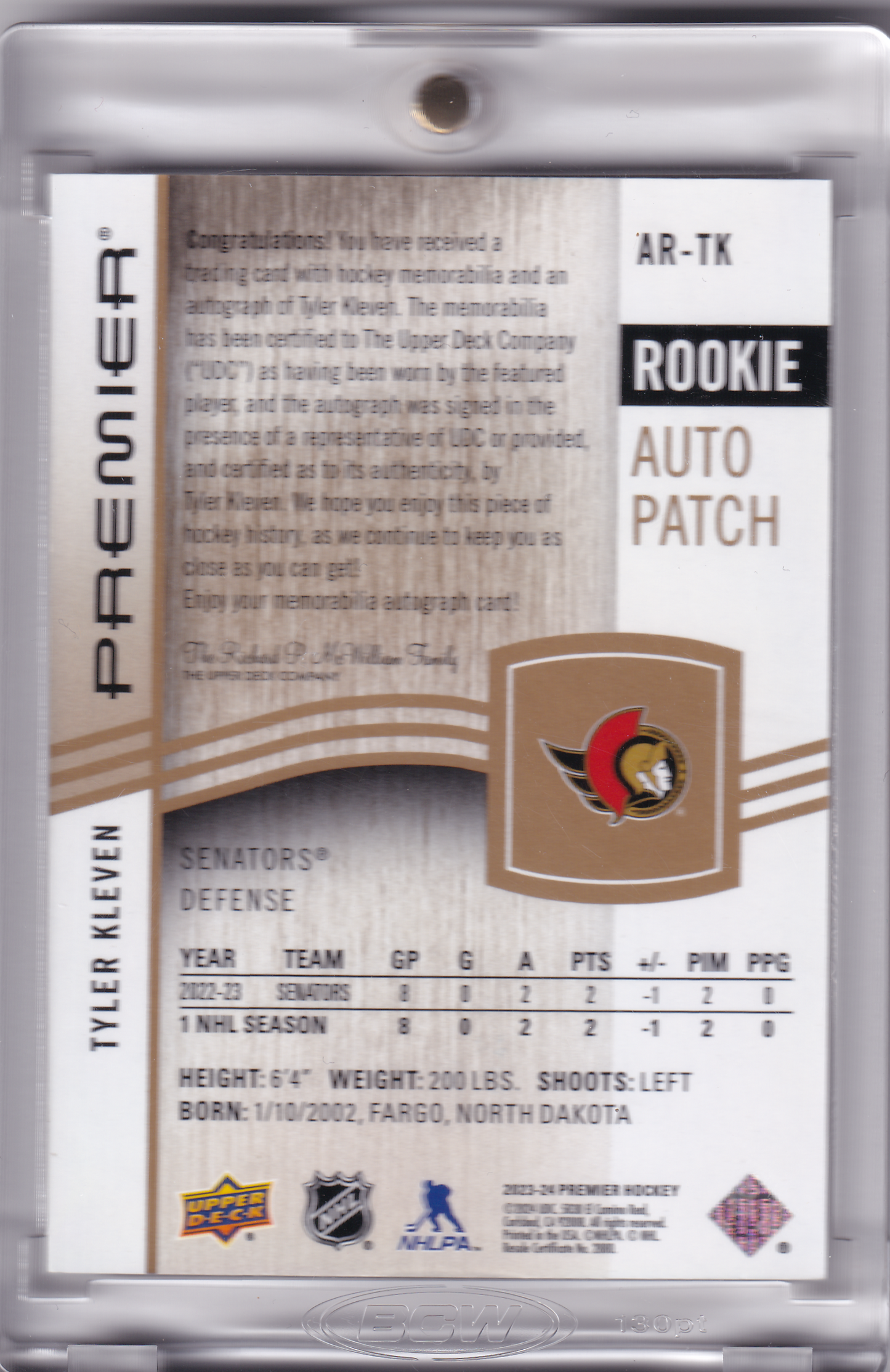 TYLER KLEVEN 2023-24 UD Premier Rookie Acetate Auto Patch Gold 31/65 Ottawa Senators RC AR-TK