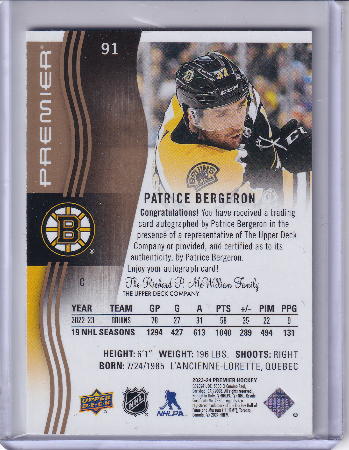 PATRICE BERGERON 2023-24 UD Premier Legends Auto 08/25 Boston Bruins #91