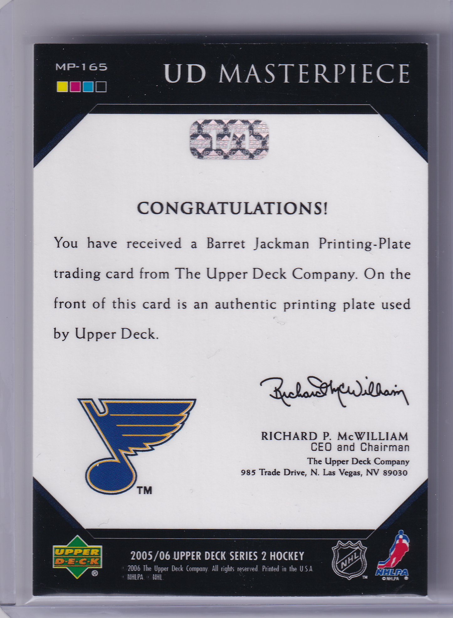 BARRET JACKMAN 2005-06 Upper Deck Series 2 UD Masterpiece Magenta Printing Plate 1/1 St Louis Blues MP-165