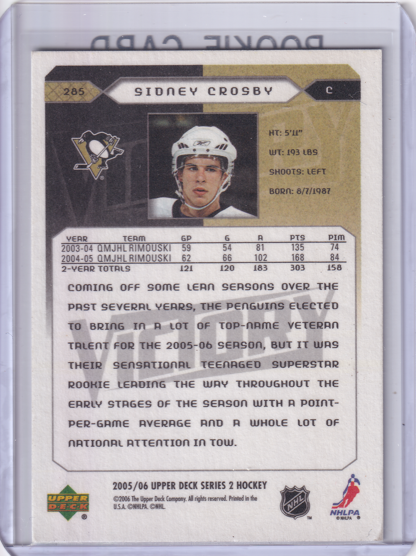 SIDNEY CROSBY 2005-06 UD Victory Rookie Card #285 Pittsburgh Penguins RC