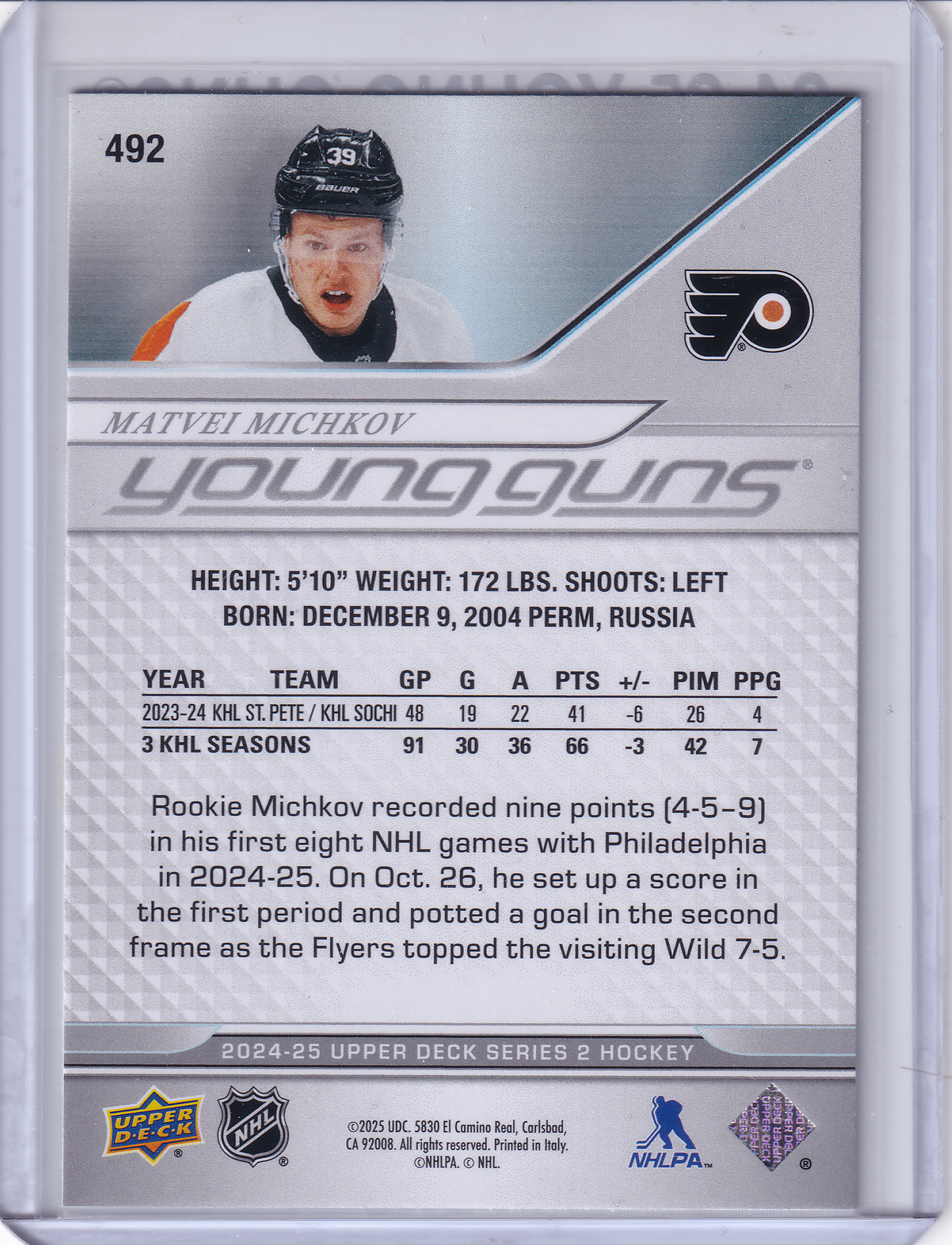 MATVEI MICHKOV 2024-25 Upper Deck Series 2 UD Young Guns Rookie Card #492 Philadelphia Flyers RC