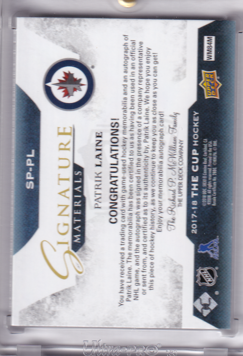 PATRIK LAINE 2017-18 Upper Deck UD THE Cup Signature Materials 3 Color Patch Card 77/99 #SP-PL Winnipeg Jets