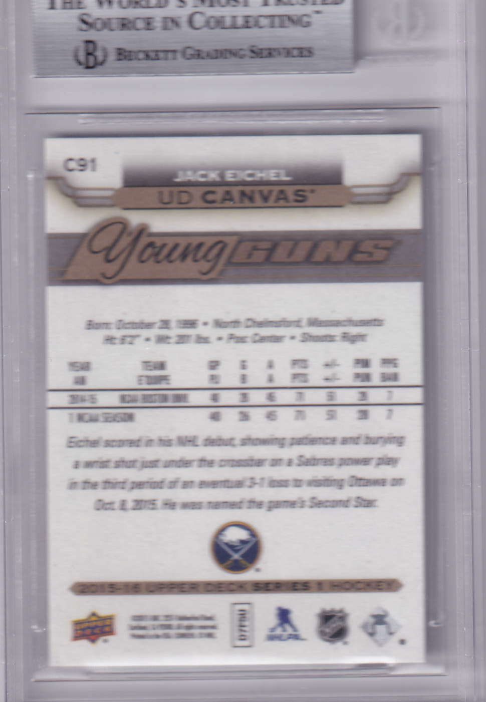JACK EICHEL 2015-16 Upper Deck UD Canvas Young Guns Rookie Card #C91 RC BGS 9 Buffalo Sabres