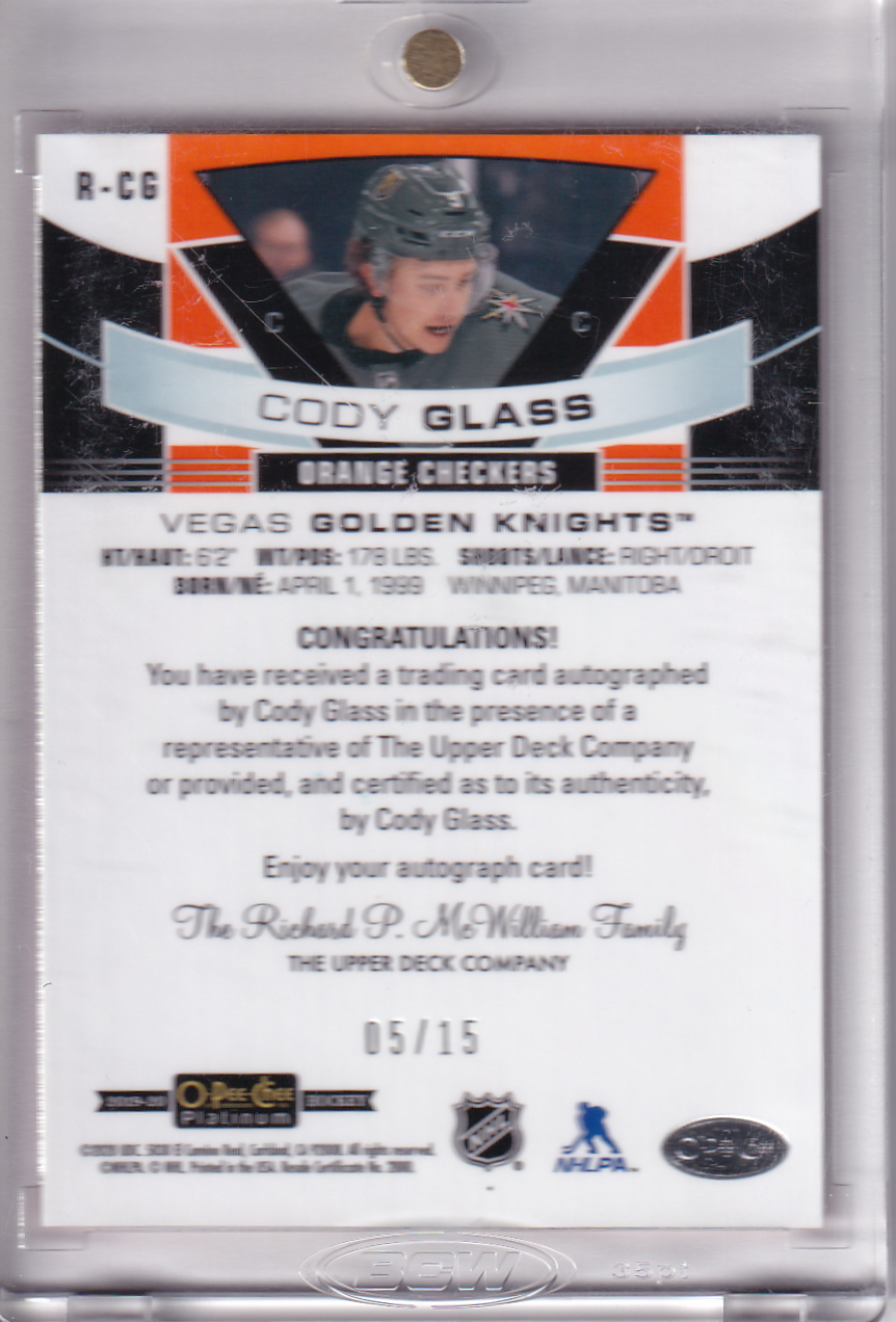CODY GLASS 2019-20 OPC O-Pee-Chee Platinum Orange Checkers Rookie Card RC Card 05/15 #R-CG Vegas Golden Knights