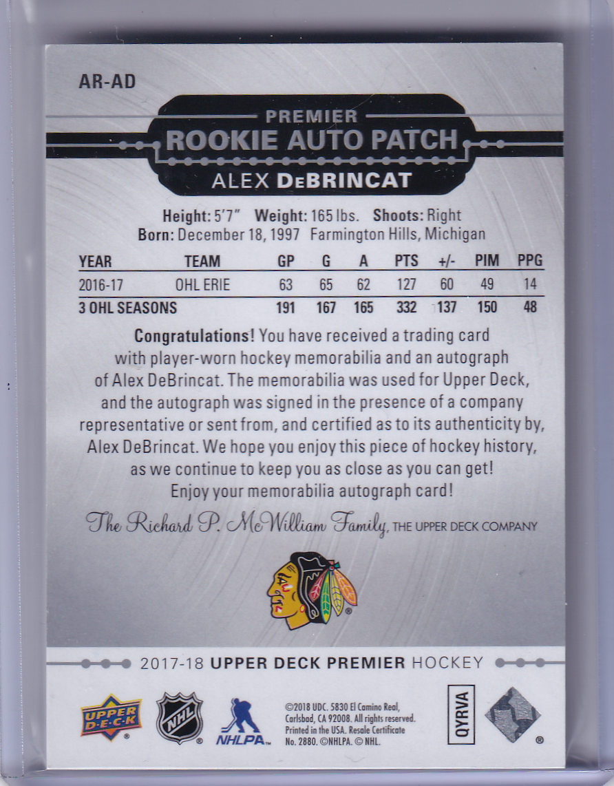 ALEX DeBRINCAT 207-18 UD Premier Acetate Rookie Auto 3 color Patch Card RC 153/199 #AR-AD Chicago Blackhawks