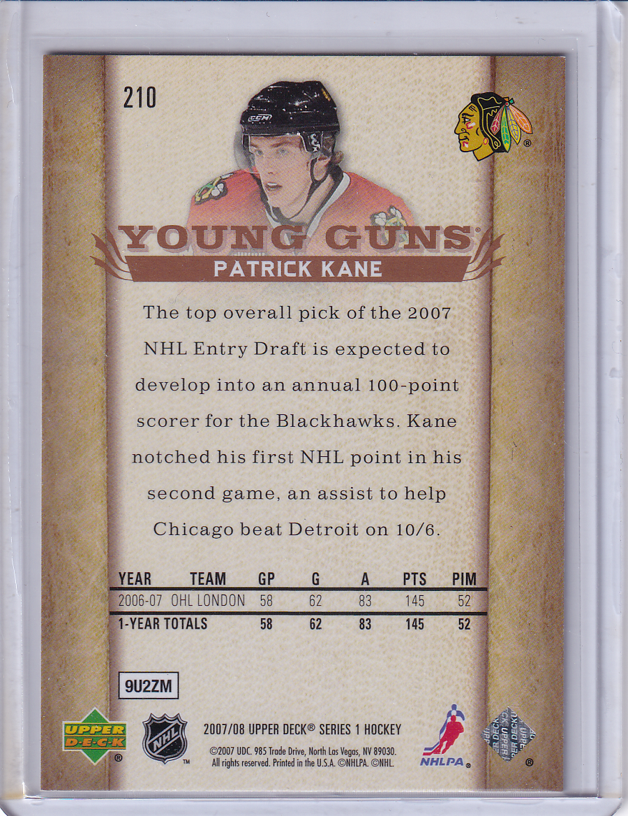 PATRICK KANE 2007-08 Upper Deck UD Young Guns Rookie Card RC #210 Chicago Blackhawks #3