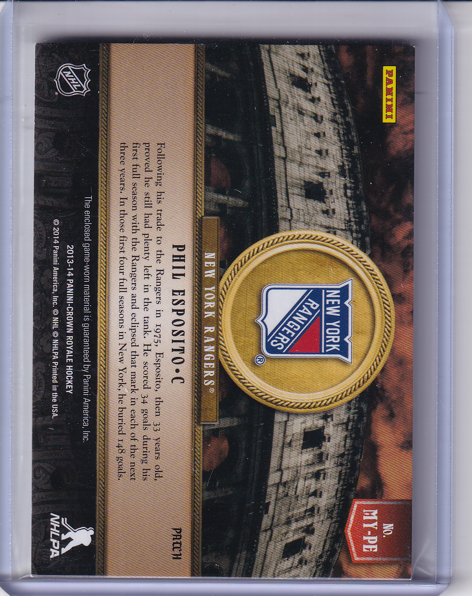 PHIL ESPOSITO 2013-14 Panini Crown Royale Mythology Materials Patch 09/10 New York Rangers
