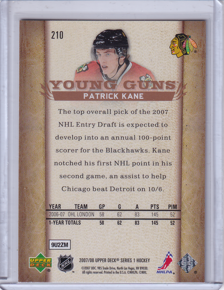 PATRICK KANE 2007-08 Upper Deck UD Young Guns Rookie Card RC #210 Chicago Blackhawks #2
