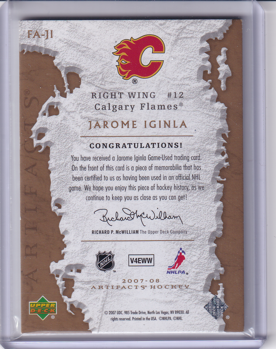 JAROME IGINLA 2007-08 UD Frozen Artifacts Gold Spectrum 2 Color Patch #FA-JI 02/25 Calgary Flames