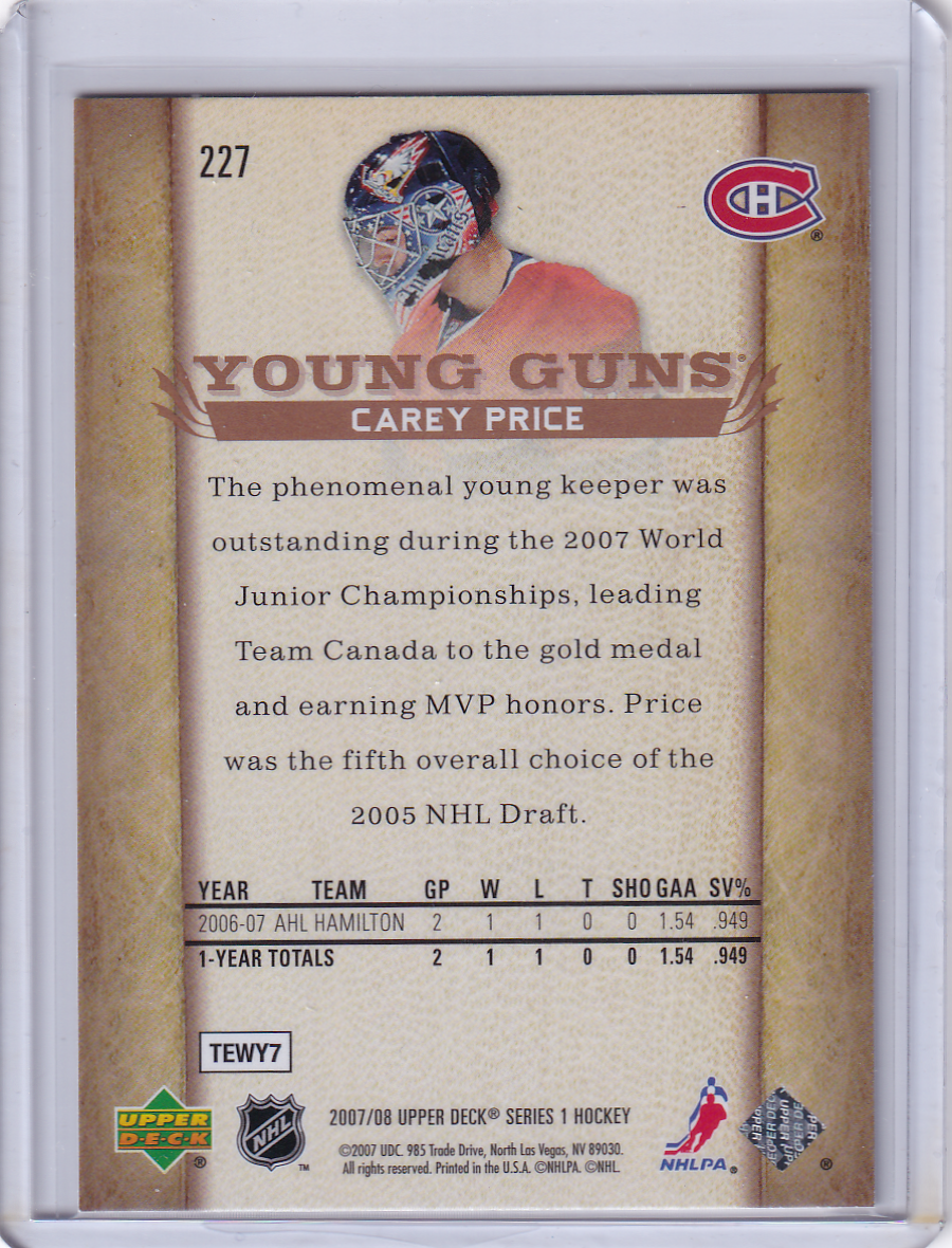 CAREY PRICE 2007-08 Upper Deck UD Young Guns Rookie Card RC #227 Montreal Canadiens #2