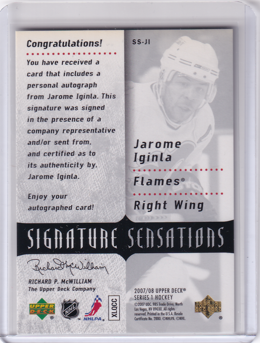 JAROME IGINLA 2007-08 Upper Deck UD Series 1 Signature Sensations Card SS-JI Calgary Flames