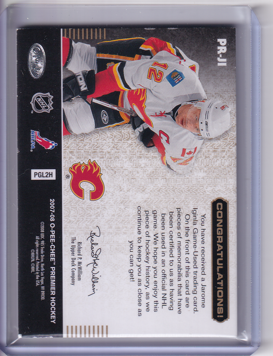 JAROME IGINLA 2007-08 OPC O-Pee-Chee Remnants Patch Card 09/35 #PR-JI Calgary Flames