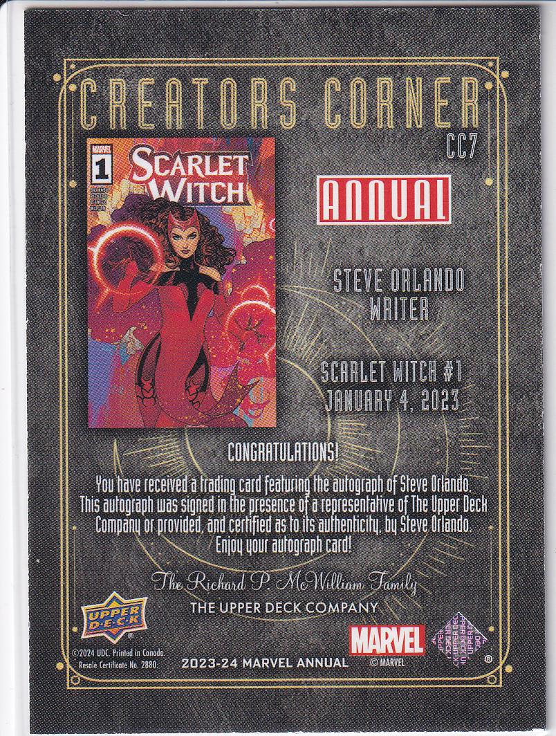 2023-24 UD Marvel Annual CREATORS CORNER Steve Orlando Auto CC7 SCARLET WITCH