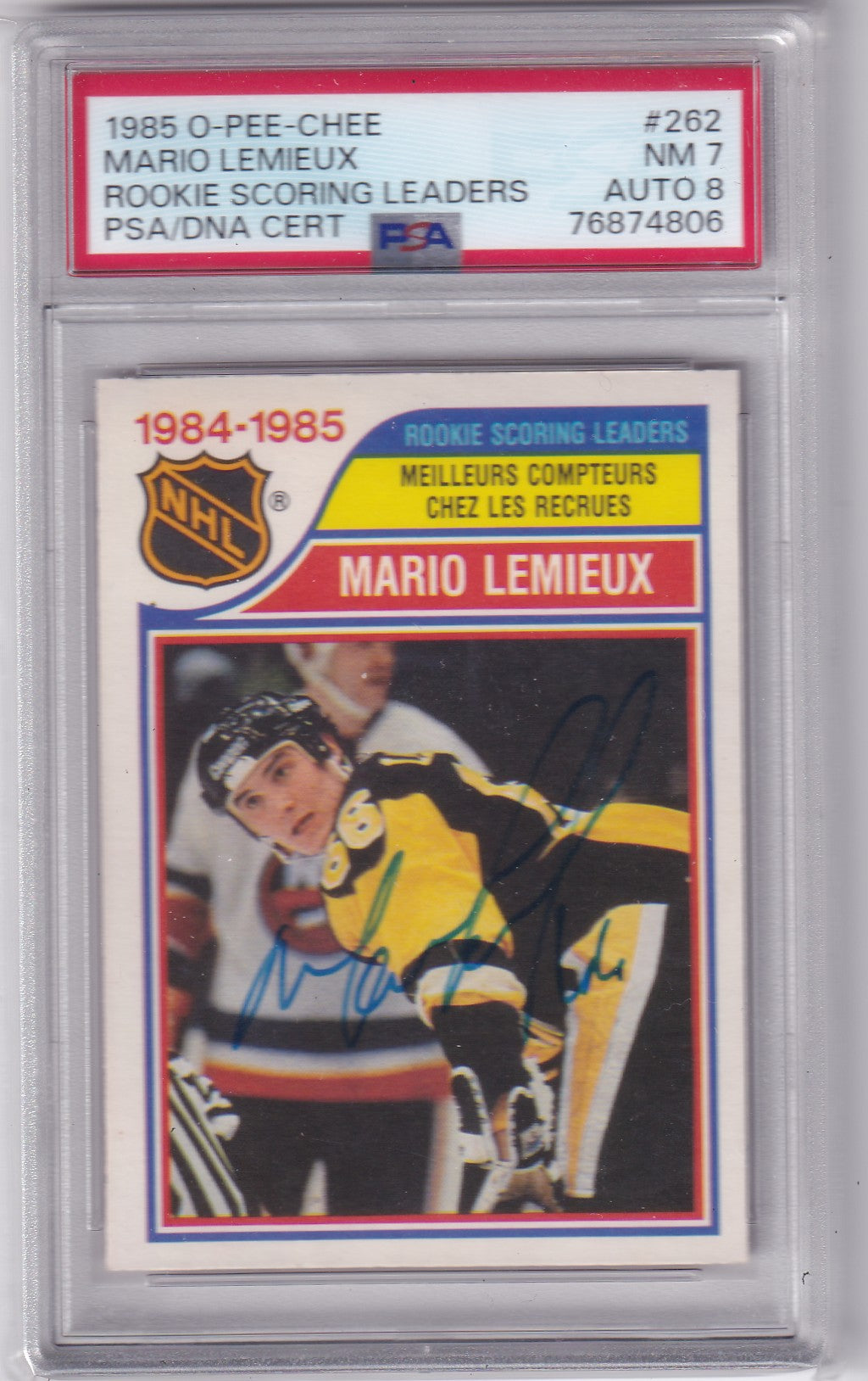 Mario Lemieux 1985-86 O-Pee-Chee Scoring Leader #262 Pittsburgh Penguins NM 7 AUTO 8 PSA/DNA Autographed Rookie signed auto RC