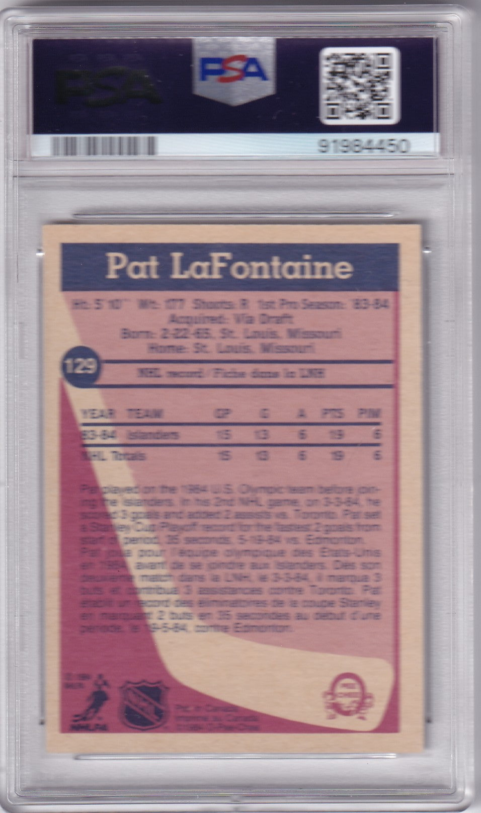 Pat LaFontaine 1984-85 O-Pee-Chee New York Islanders #129 PSA/DNA Autographed Rookie Signed auto