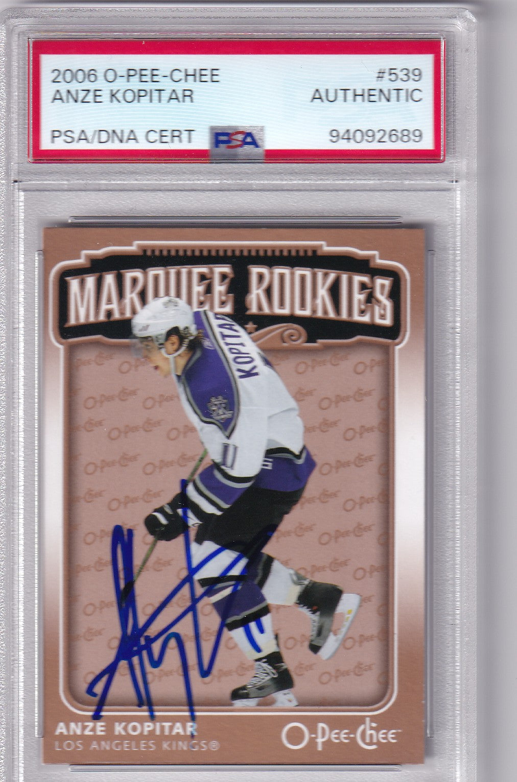 Anze Kopitar 2006-07 O-Pee-Chee Marquee Rookies Card #539 Los Angeles LA Kings PSA/DNA Autographed signed auto RC