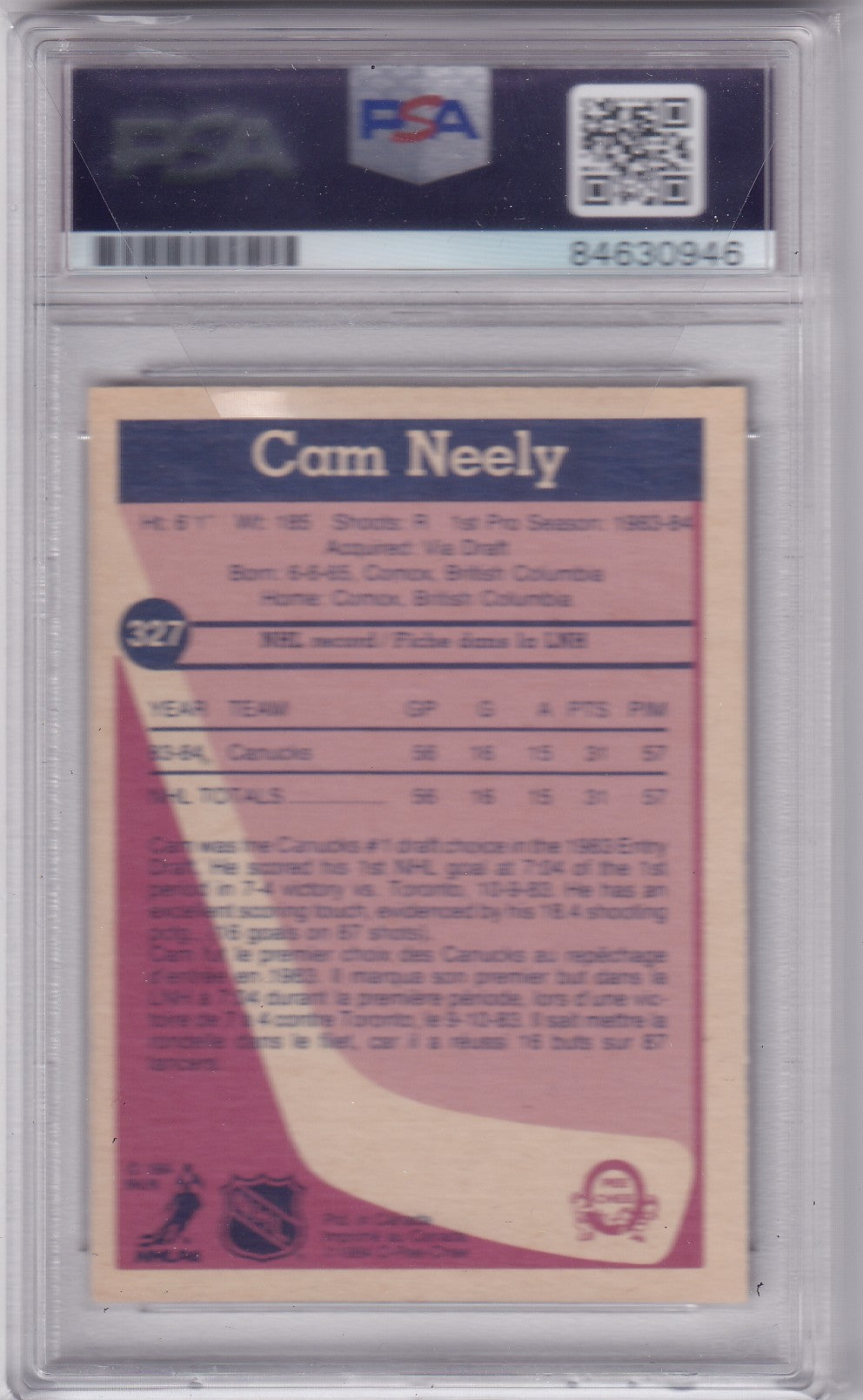 Cam Neely 1984-85 O-Pee-Chee Vancouver Canucks #327 PSA/DNA Autographed Rookie signed auto