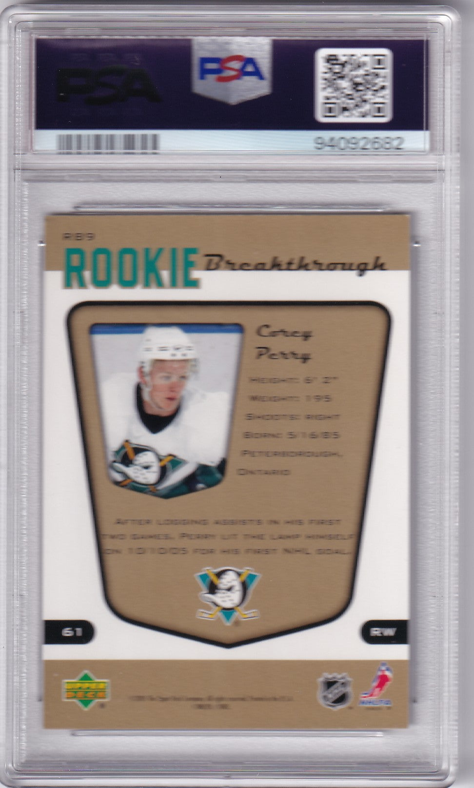 Corey Perry 2005 Upper Deck MVP #RB9 PSA/DNA Autographed Rookie signed auto