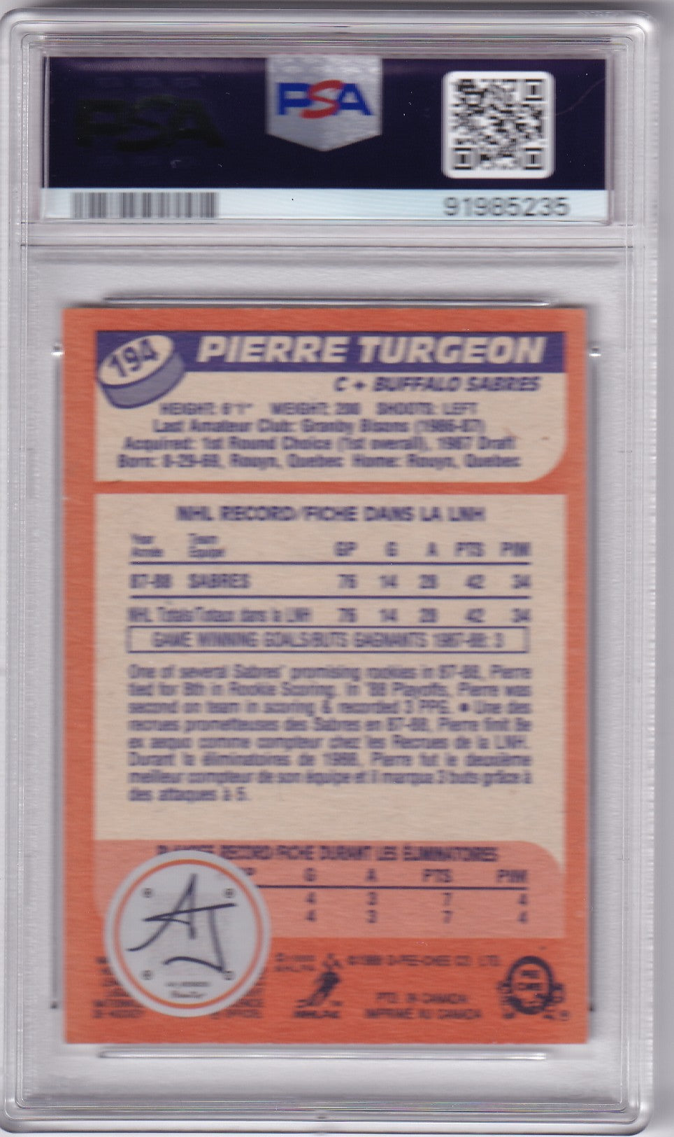 Pierre Turgeon 1988 O-Pee-Chee Buffalo Sabres #194 PSA/DNA Autographed Rookie signed auto