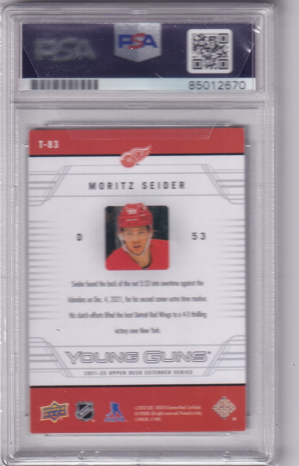 Moritz Seider 2021-22 Upper Deck Young Guns Tribute T-83 Detroit Red Wings PSA/DNA Autographed Rookie signed auto RC