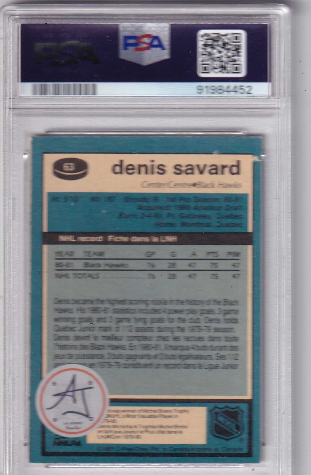 Denis Savard 1981-82 O-Pee-Chee Chicago Blackhawks #63 PSA/DNA Autographed Rookie signed auto