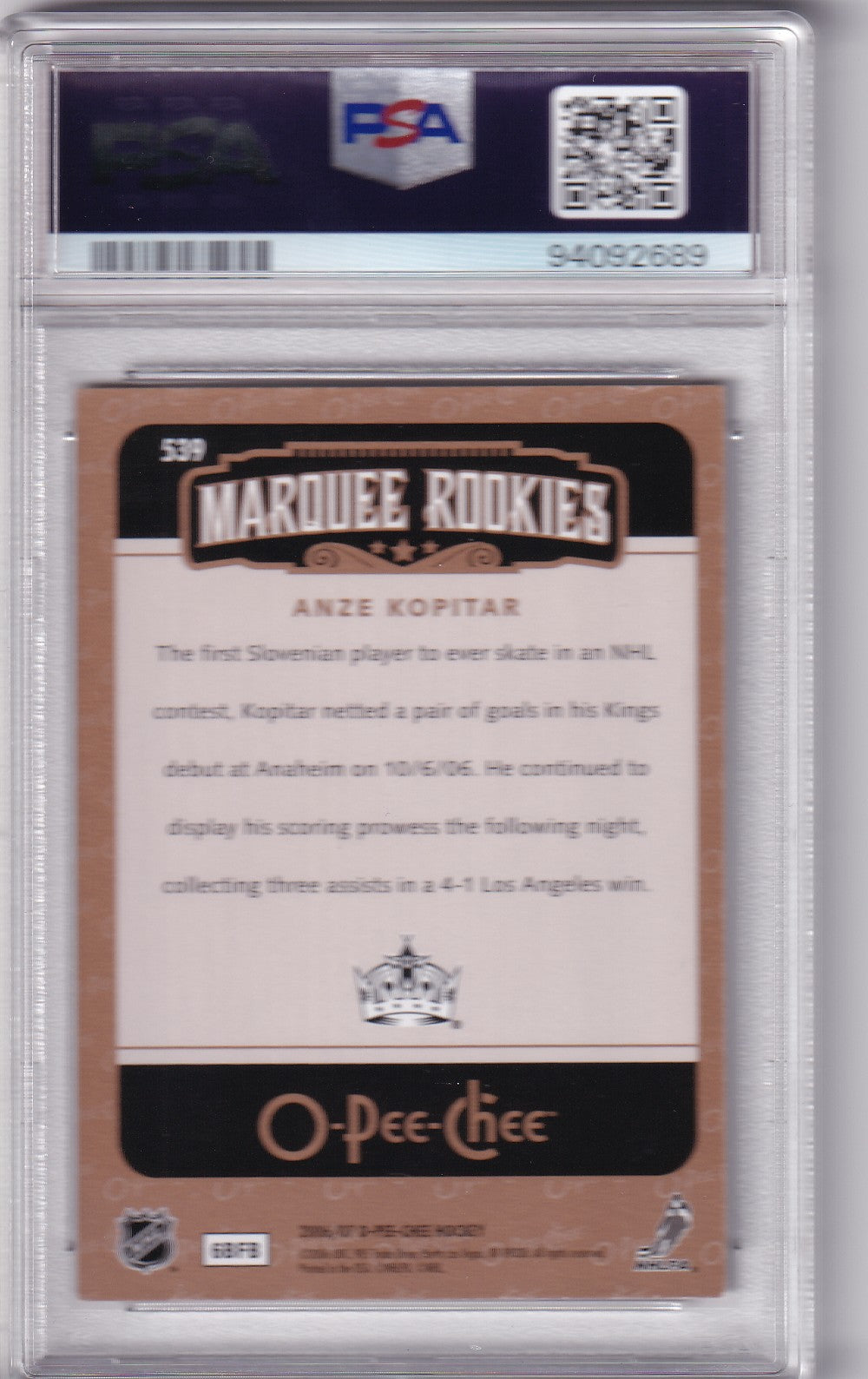Anze Kopitar 2006-07 O-Pee-Chee Marquee Rookies Card #539 Los Angeles LA Kings PSA/DNA Autographed signed auto RC