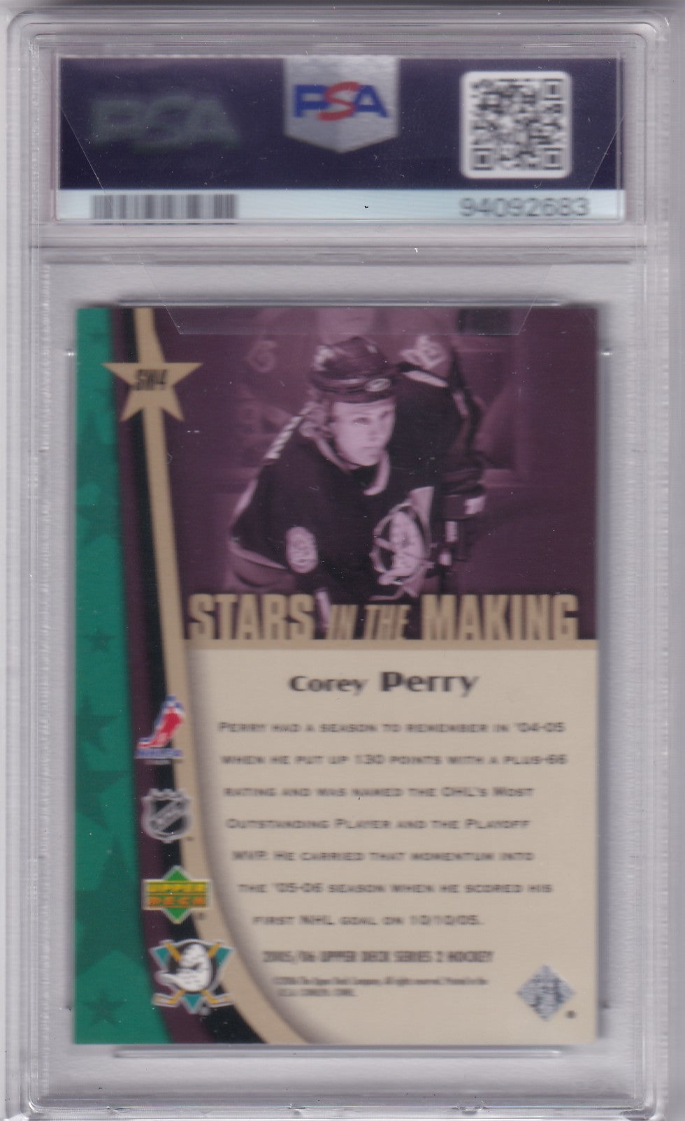 Corey Perry 2005 Upper Deck #SM4 PSA/DNA Autographed Rookie signed auto