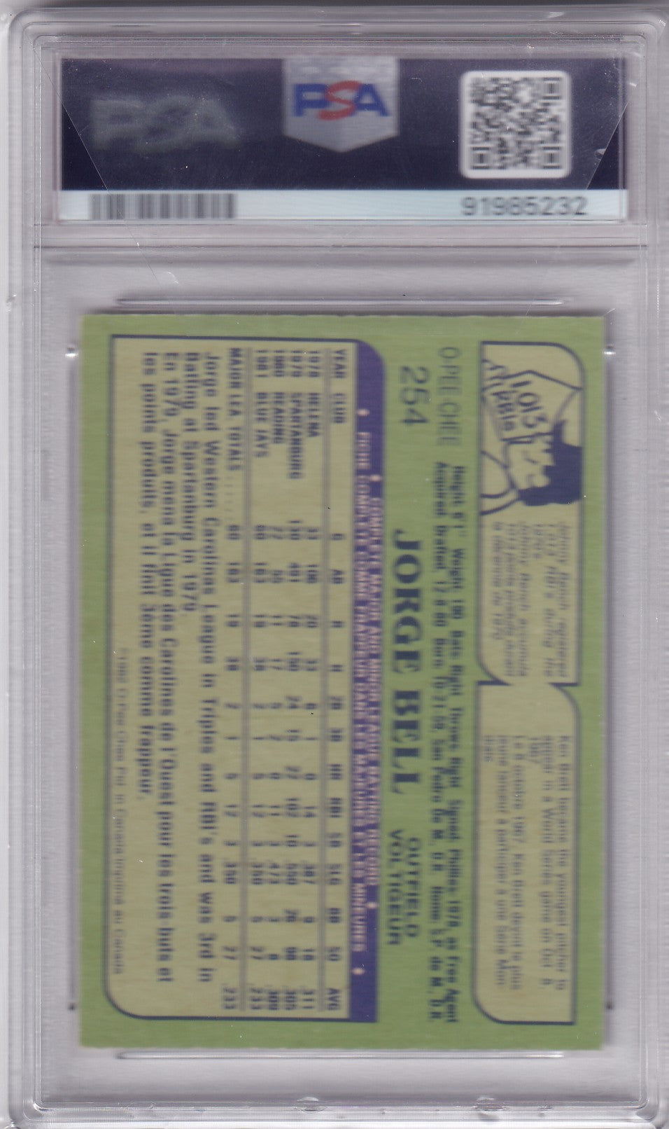 Jorge Bell 1982 O-Pee-Chee Toronto Blue Jays #254 NM-MT 8 AUTO 10 PSA/DNA Autographed Rookie signed auto