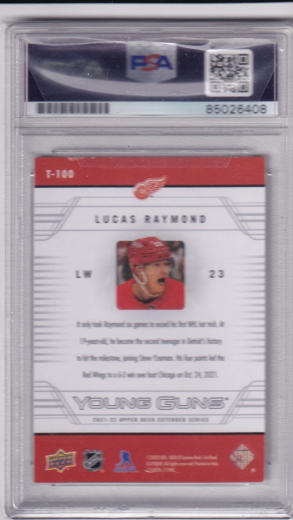 Lucas Raymond 2021-22 Upper Deck Young Guns Tribute T-100 PSA/DNA Autographed Rookie Card signed auto RC