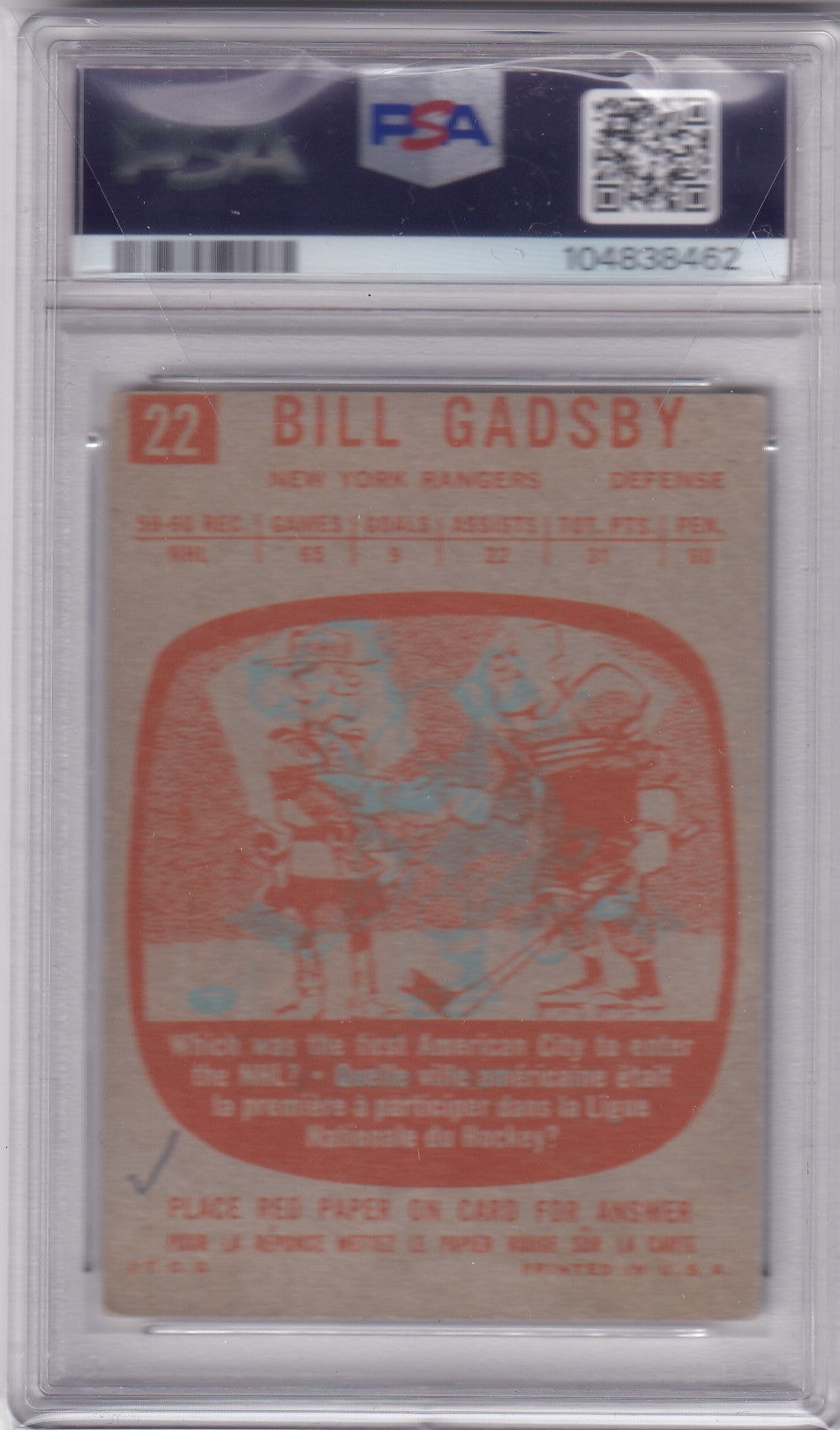 Bill Gadsby 1960 Topps New York Rangers #22 PSA/DNA Autograph signed auto