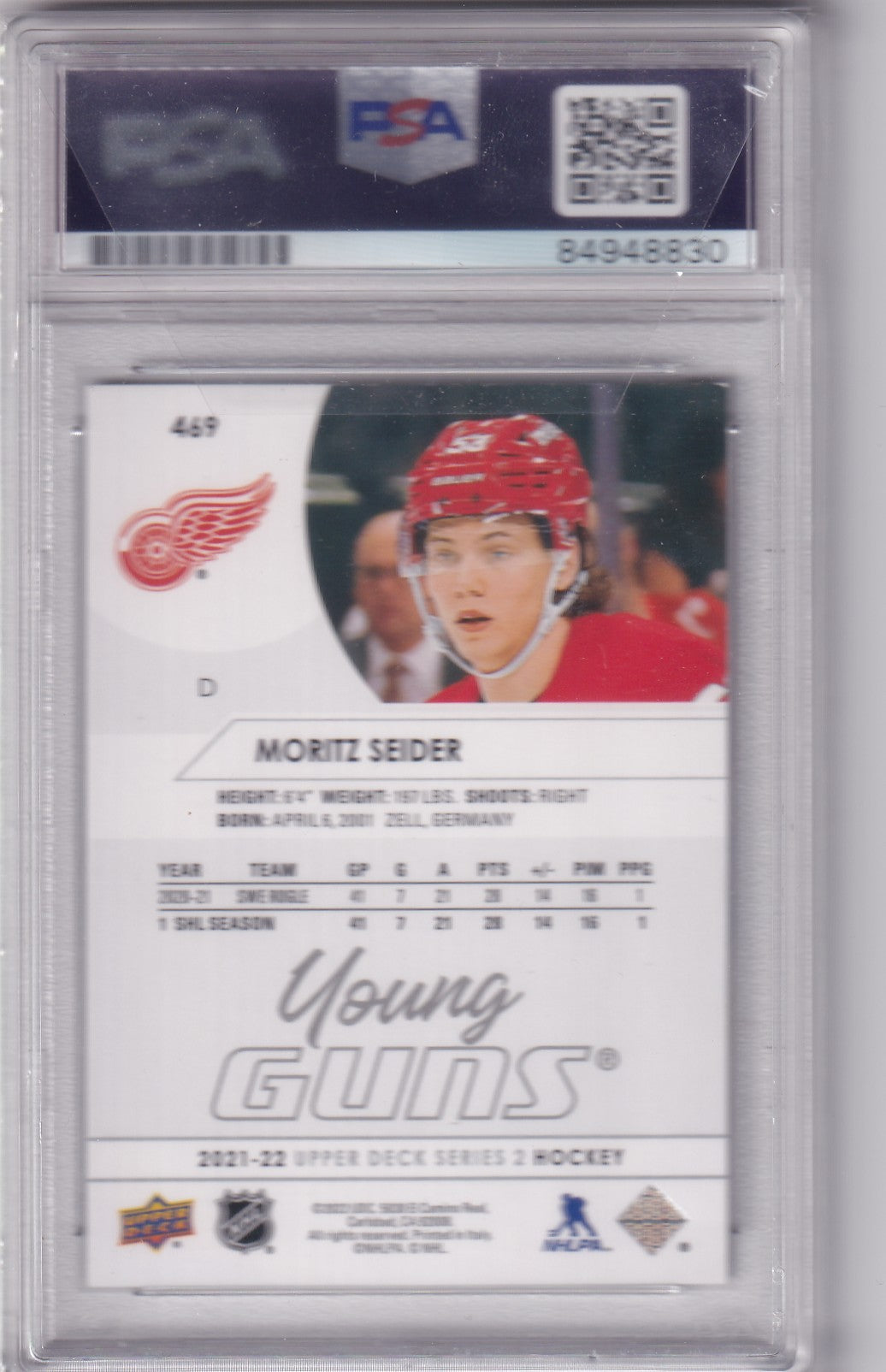 Moritz Seider 2021-22 Upper Deck Young Guns Rookie Card #469 Detroit Red Wings PSA/DNA Autographed Rookie signed auto RC