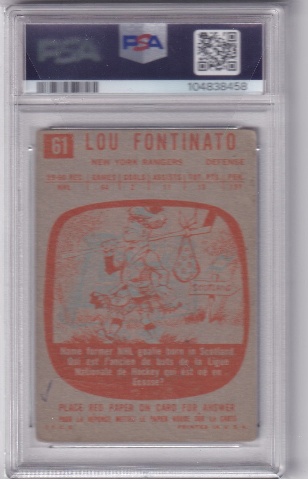 Lou Fontinato 1960 Topps New York Rangers #61 PSA/DNA Autograph signed auto