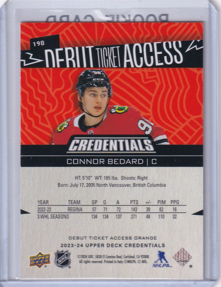 Connor Bedard 2023-24 Credentials Debut Ticket Access /249 Rookie