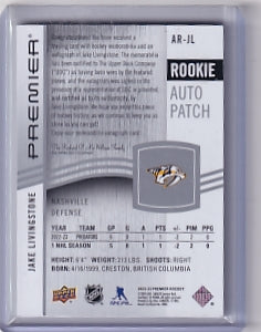 Jake Livingstone Premier Rookie Auto Patch 030/249 Card AR-JL 2023-24 Upper Deck Premier Rookie Card RC Nashville Predators