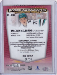 Macklin Celebrini Red Prism Rookie Auto 24/30 Card R-CE 2024-25 O-Pee-Chee Platinum Rookie Card RC San Jose Sharks