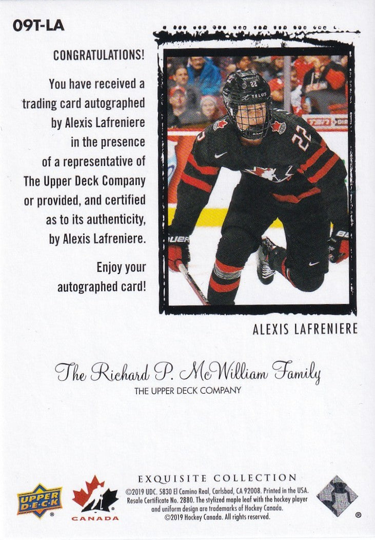 ALEXIS LAFRENIERE - 2020-21 UD The Cup The Exquisite Collection Rookie Autograph 66/99 Team Canada RC 2008-09 Tribute