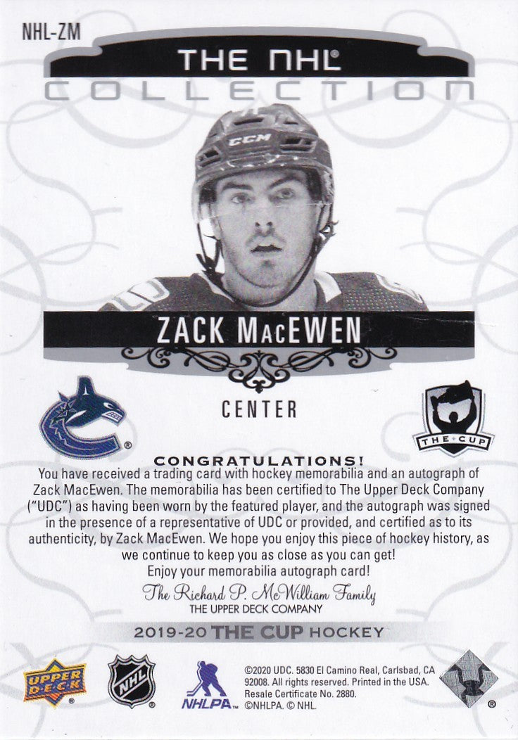 ZACK MacEWEN - 2019-20 UD The Cup The NHL Collection Rookie Auto Patch /31 Vancouver Cancks RC