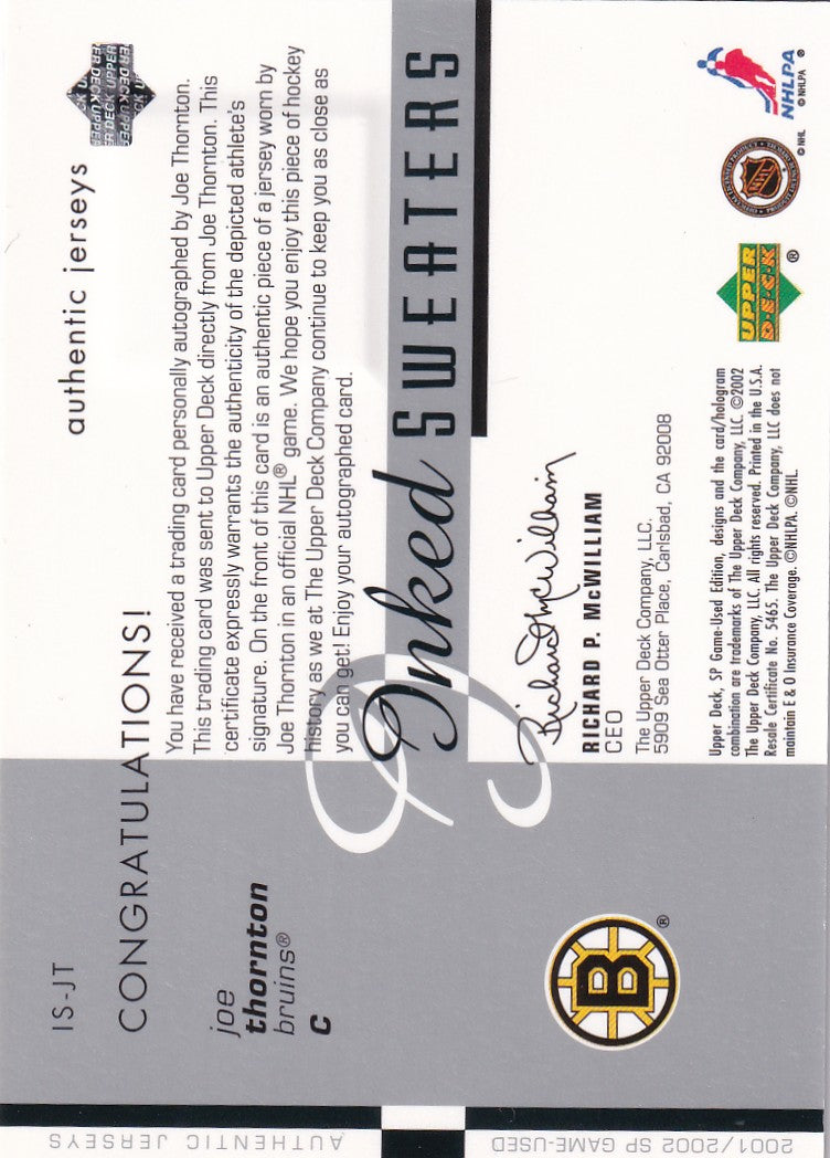 JOE THORNTON 2002-03 SP Game Used Inked Sweaters Jersey Card 43/100 Boston Bruins