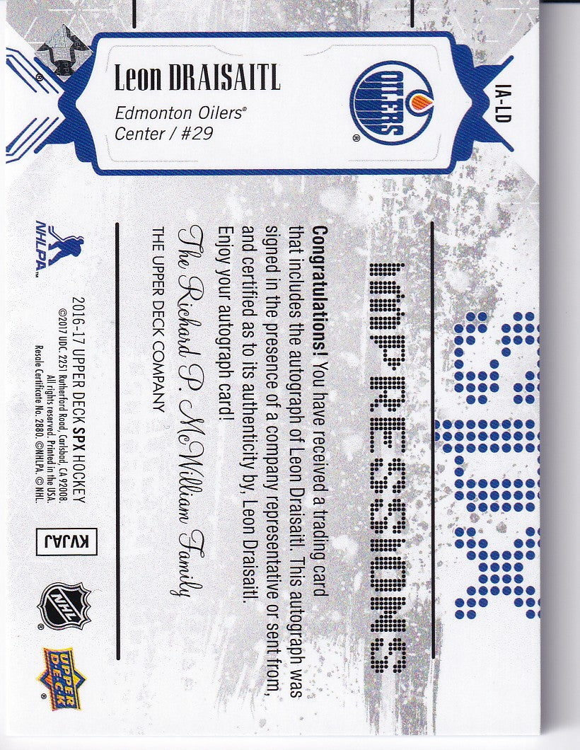 LEON DRAISAITL 2016-17 SPX Impressions Auto Card 170/199 Edmonton Oilers IA-LD