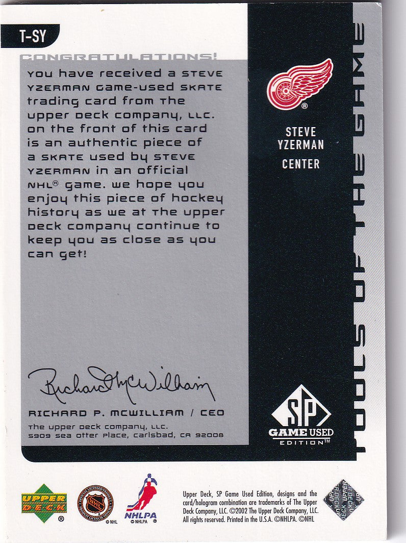 STEVE YZERMAN 2001-02 SP Game Used Tools of the game SKATE 10/30 T-SY Detroit Red Wings